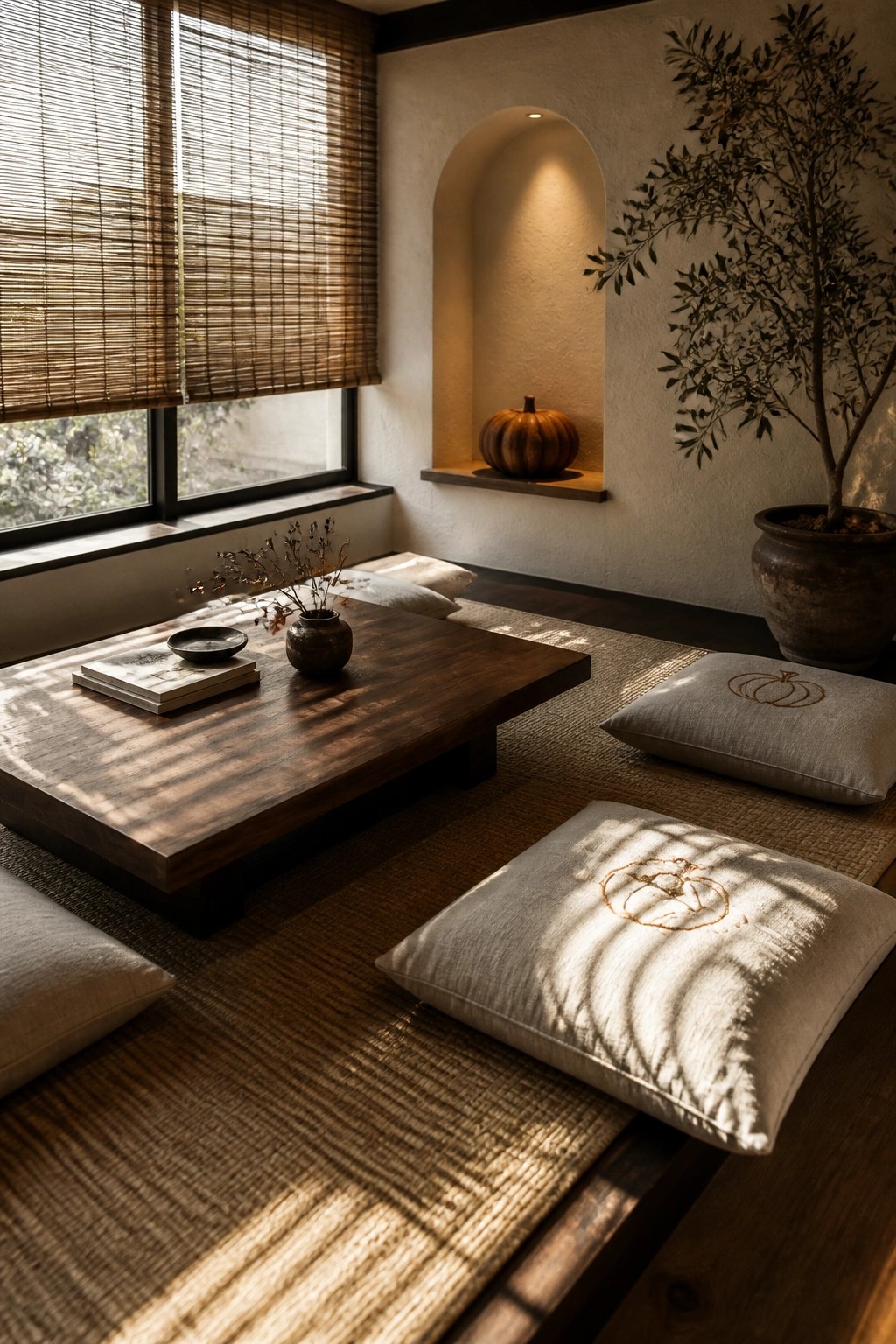 A Japanese-style interior with tatami flooring, a low dark wood table, and several light linen cushions embroidered with pumpkins, one placed near a window with bamboo blinds.