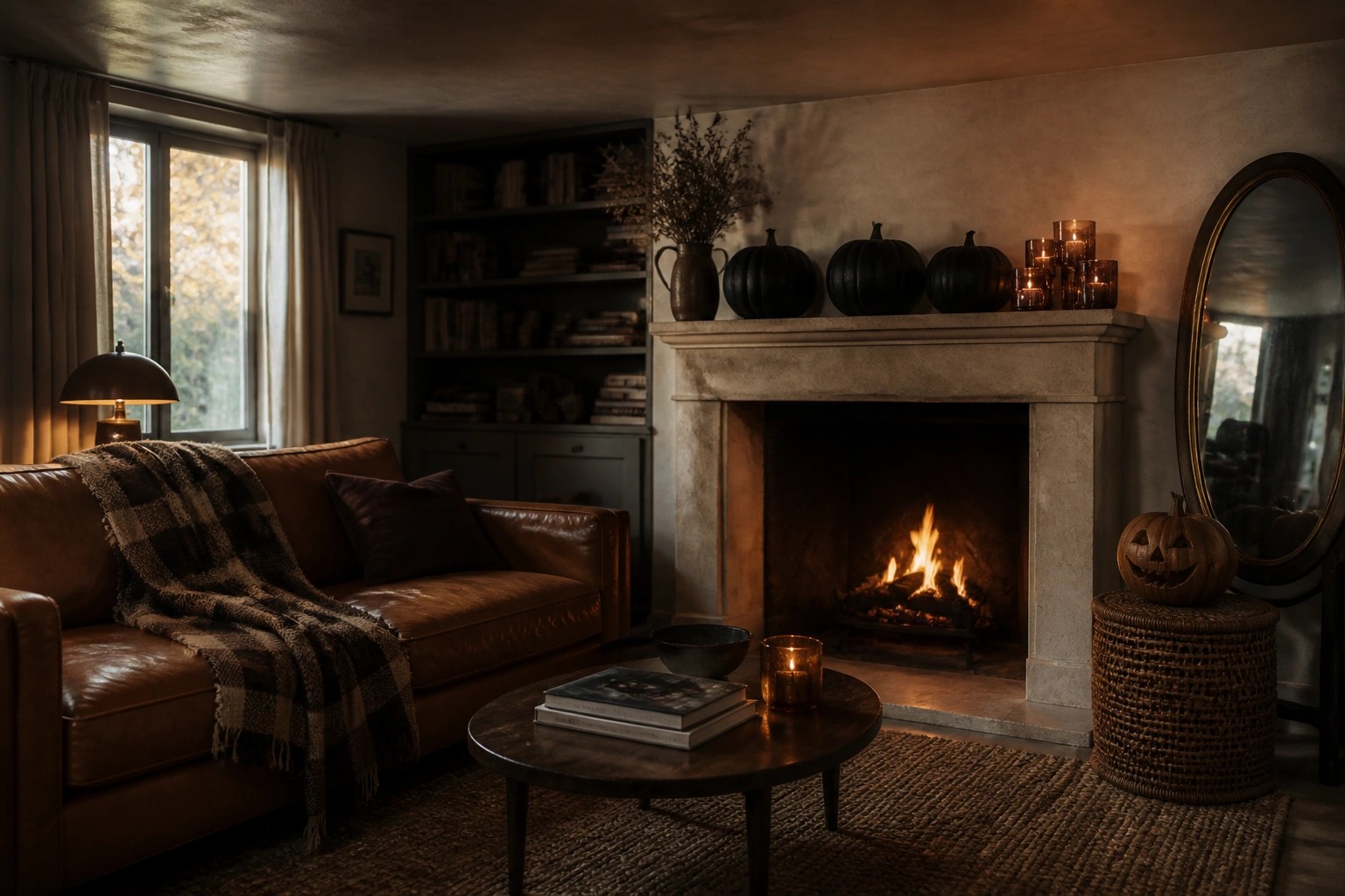 A cozy living room features black pumpkins on a stone mantel above a lit fireplace, a brown leather sofa with a plaid throw, and a carved pumpkin beside a lit candle on a woven table.