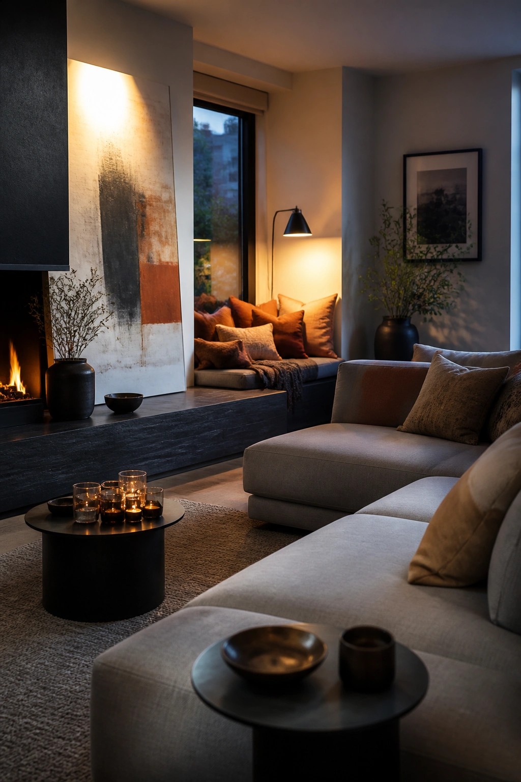 A modern living room featuring a gray sectional sofa, a round black coffee table with multiple lit candles, a dark fireplace on the left, and a built-in window seat with warm-toned pillows.