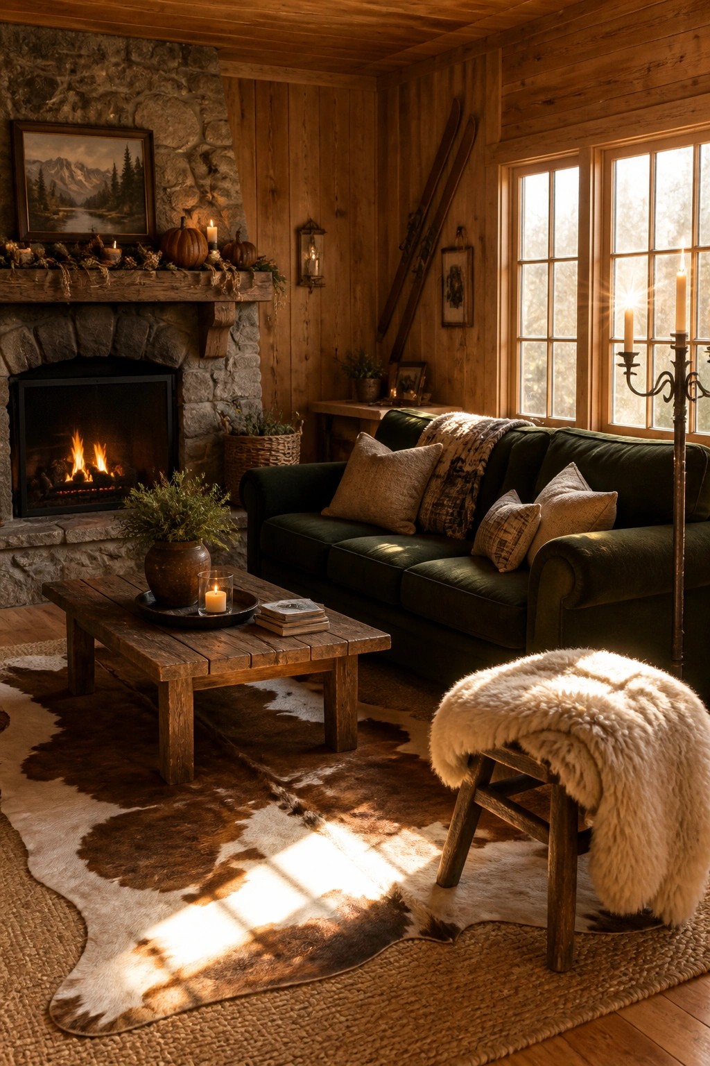 A rustic living room features a stone fireplace with pumpkins and candles on the wooden mantel, a green sofa with pillows, a wooden coffee table on a cowhide rug, and sunlight coming through large windows.