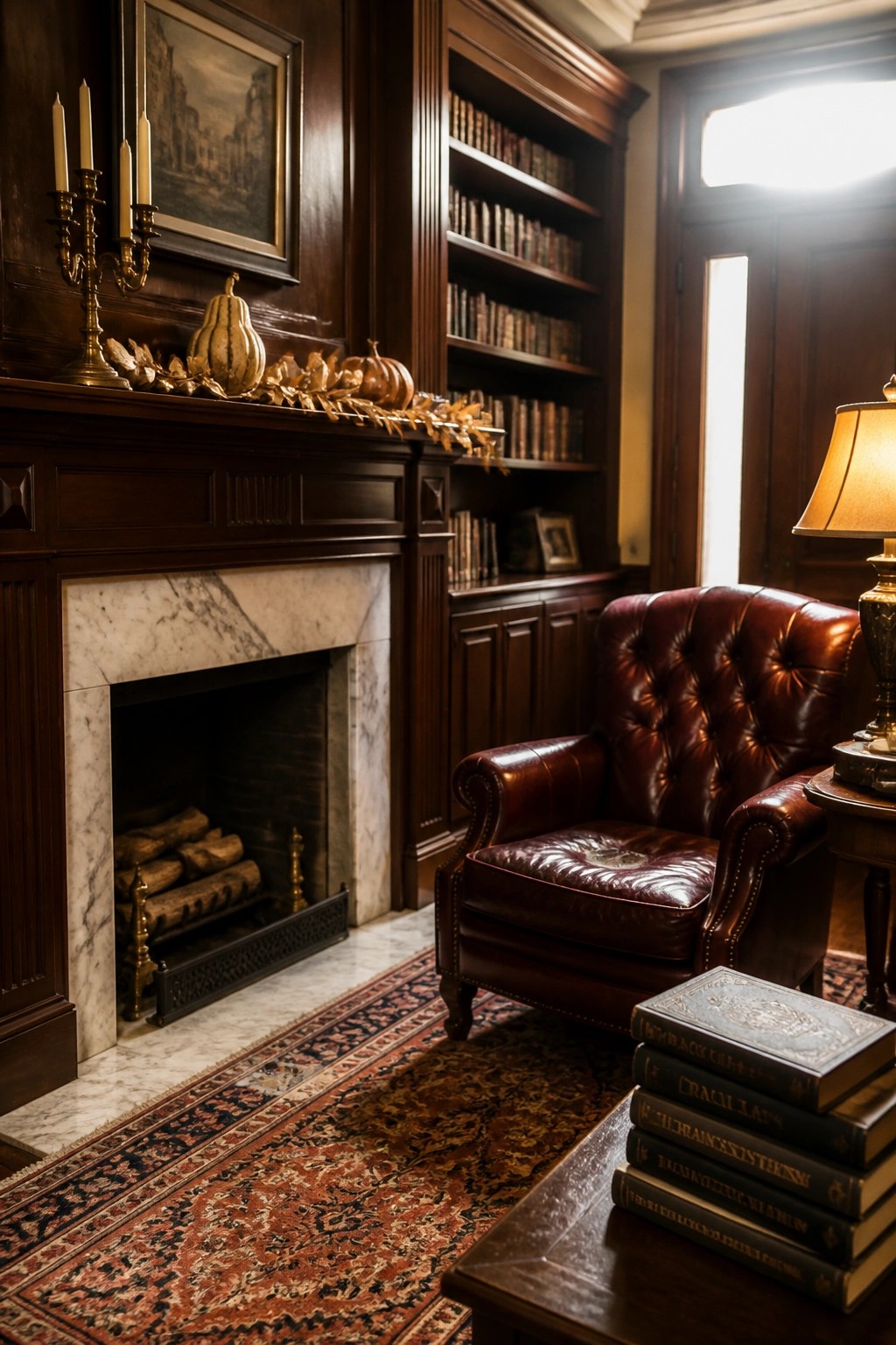 A cozy traditional living room featuring a marble fireplace, dark wood paneling and bookshelves, a red leather armchair, and small pumpkins with dried leaves arranged on the mantel.