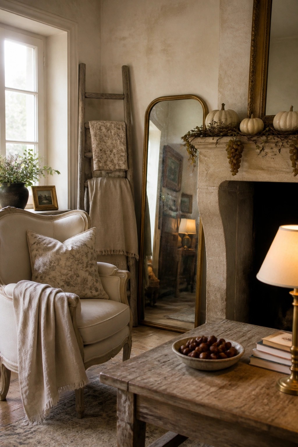 Cozy vintage room with beige armchair, wooden ladder, mirror, and pumpkin-topped fireplace.