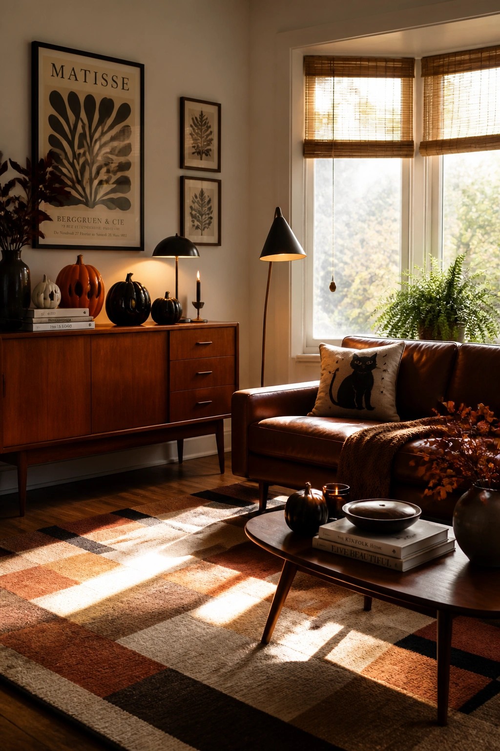 A living room featuring a brown leather sofa with a cat pillow, wooden sideboard holding pumpkins, a striped rug, and large windows with bamboo shades.