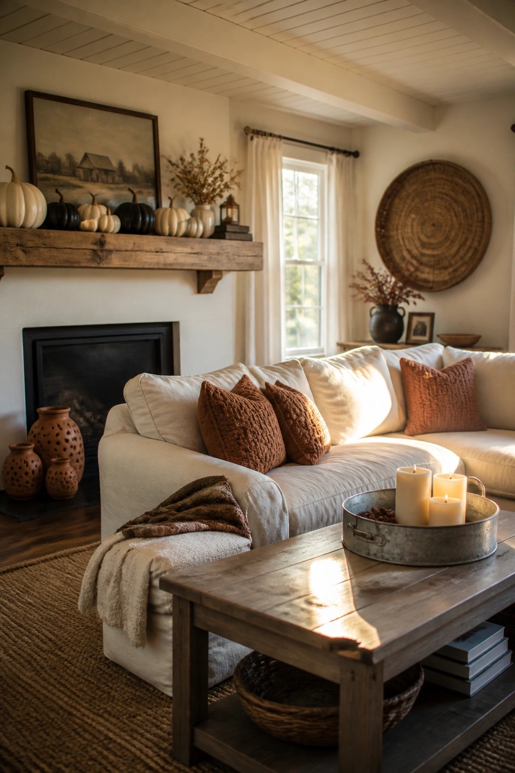 A living room with a white sofa, rust-colored knit pillows, a wooden coffee table holding candles, a fireplace mantel lined with pumpkins, and a woven basket tray.