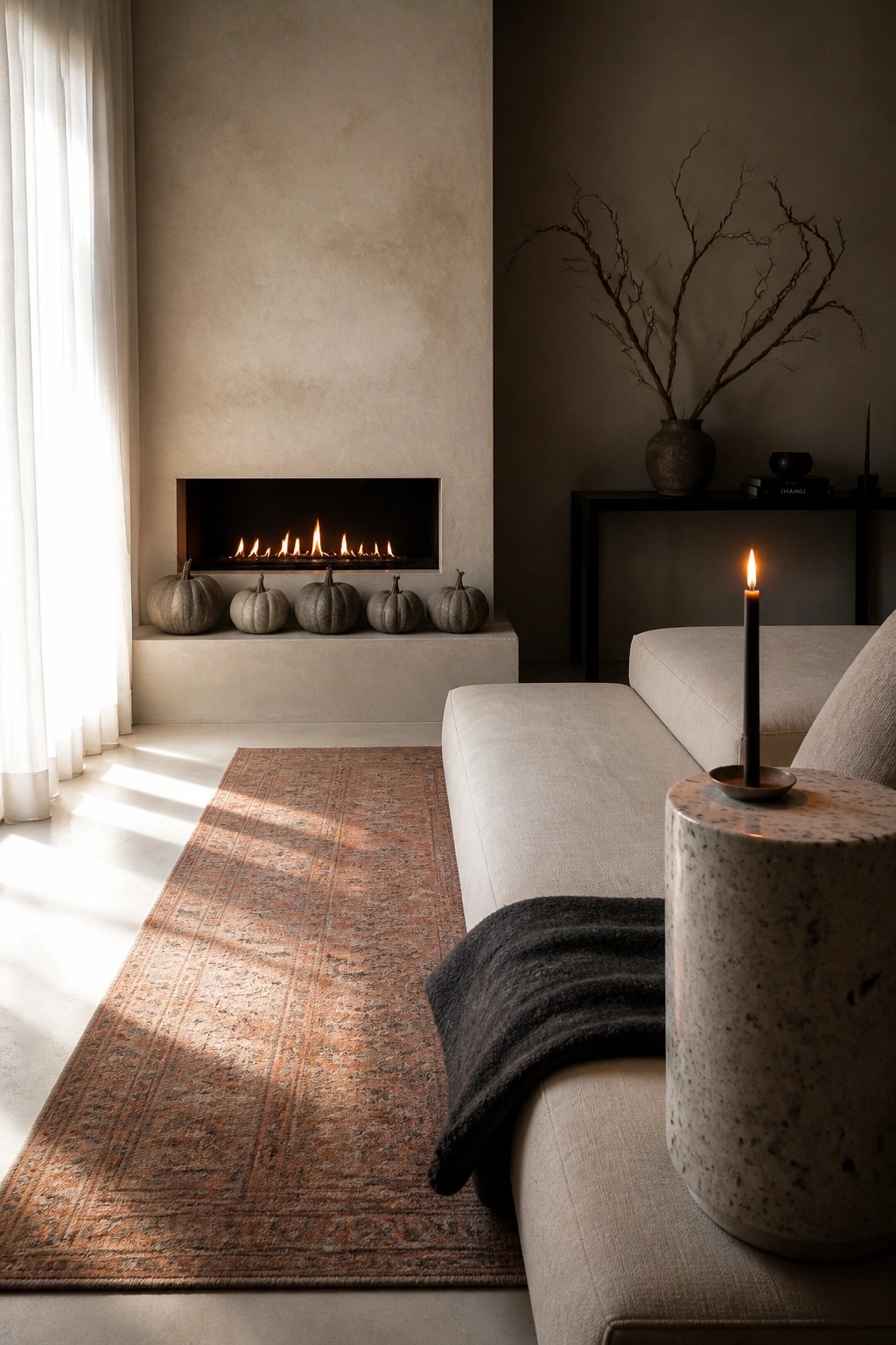 A modern living room with a linear fireplace, five small gray pumpkins lined up on the hearth, a light sofa with a dark throw, and a lit candle on a stone side table.