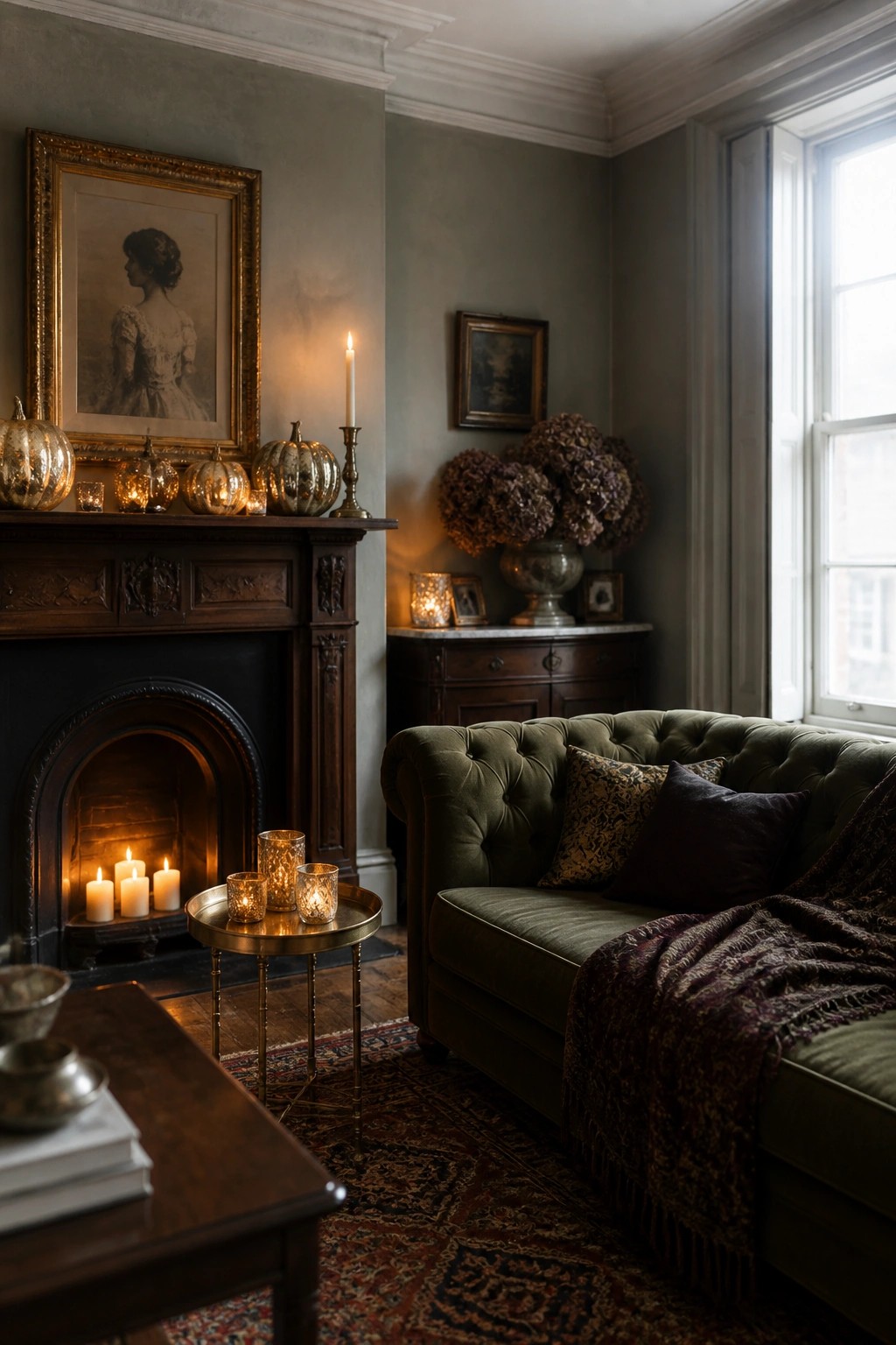 A living room featuring a green velvet sofa, a fireplace with lit candles, and metallic pumpkins arranged on a wooden mantel next to a large framed portrait.