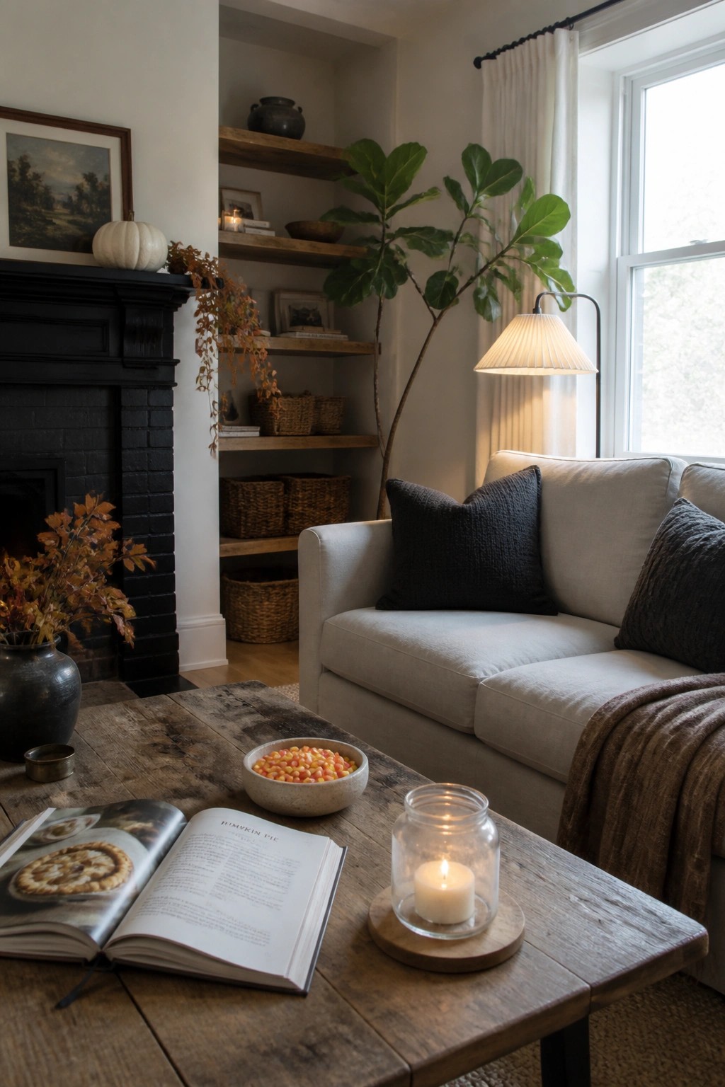 Cozy fall living room with open cookbook, lit candle, and gray sofa on wooden table