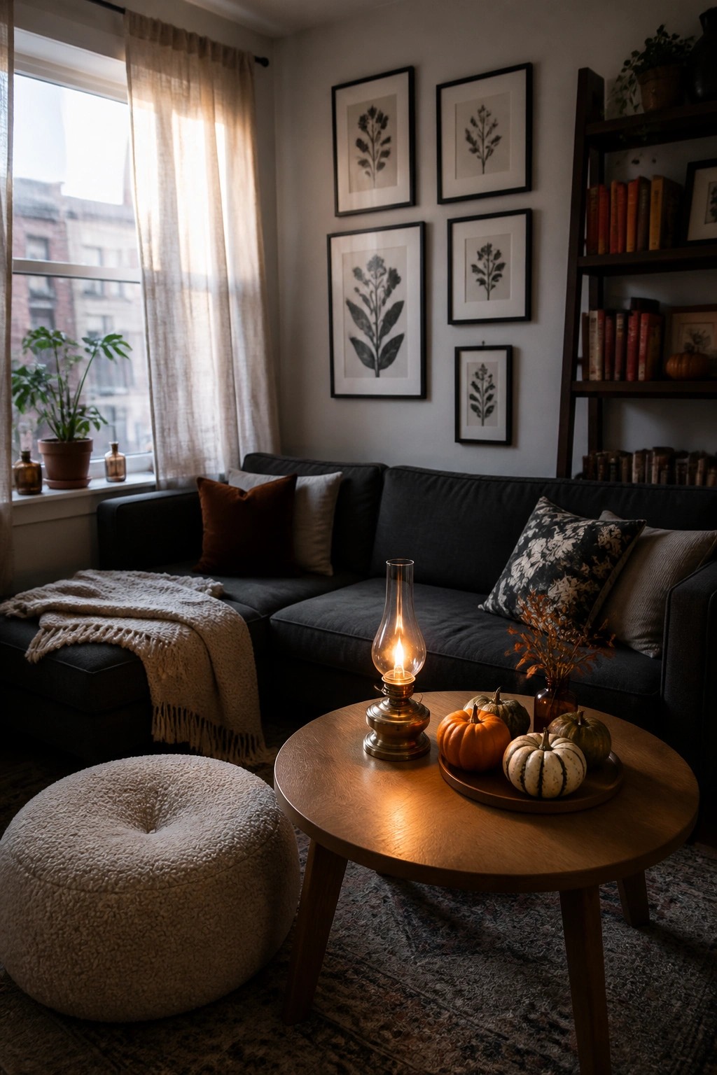 Cozy living room with dark sofa, wooden table, glowing oil lamp, and pumpkins