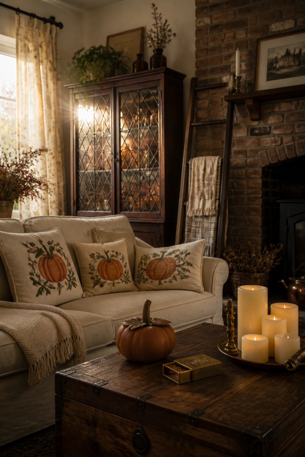 A living room featuring a light-colored sofa with three pumpkin-embroidered pillows, a dark wooden coffee table with a pumpkin and lit candles, and a brick fireplace nearby.
