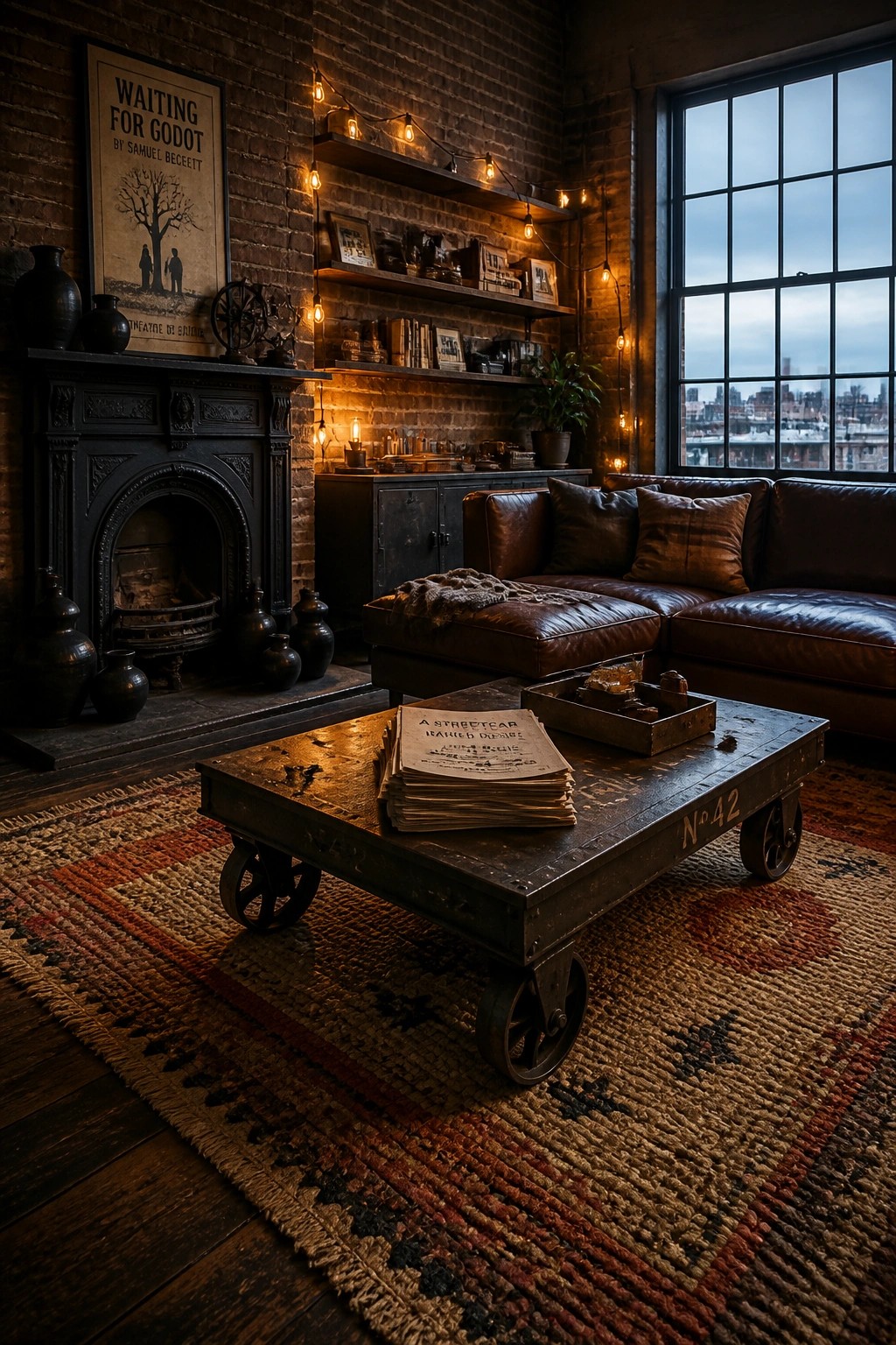 A living room with a brown leather sofa, a dark wooden coffee table on wheels holding stacked papers, a black fireplace set into a brick wall, and string lights along wooden shelves above a cabinet.