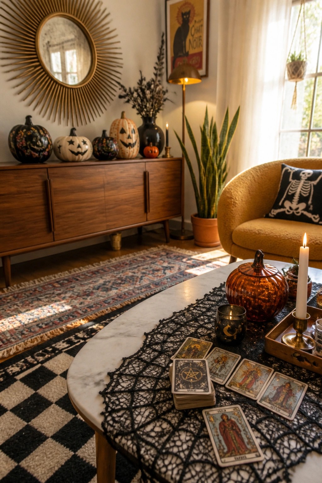 A round marble coffee table covered with a black lace runner holds several tarot cards, a lit white candle, and a glass pumpkin in a living room with a patterned rug and wooden sideboard.