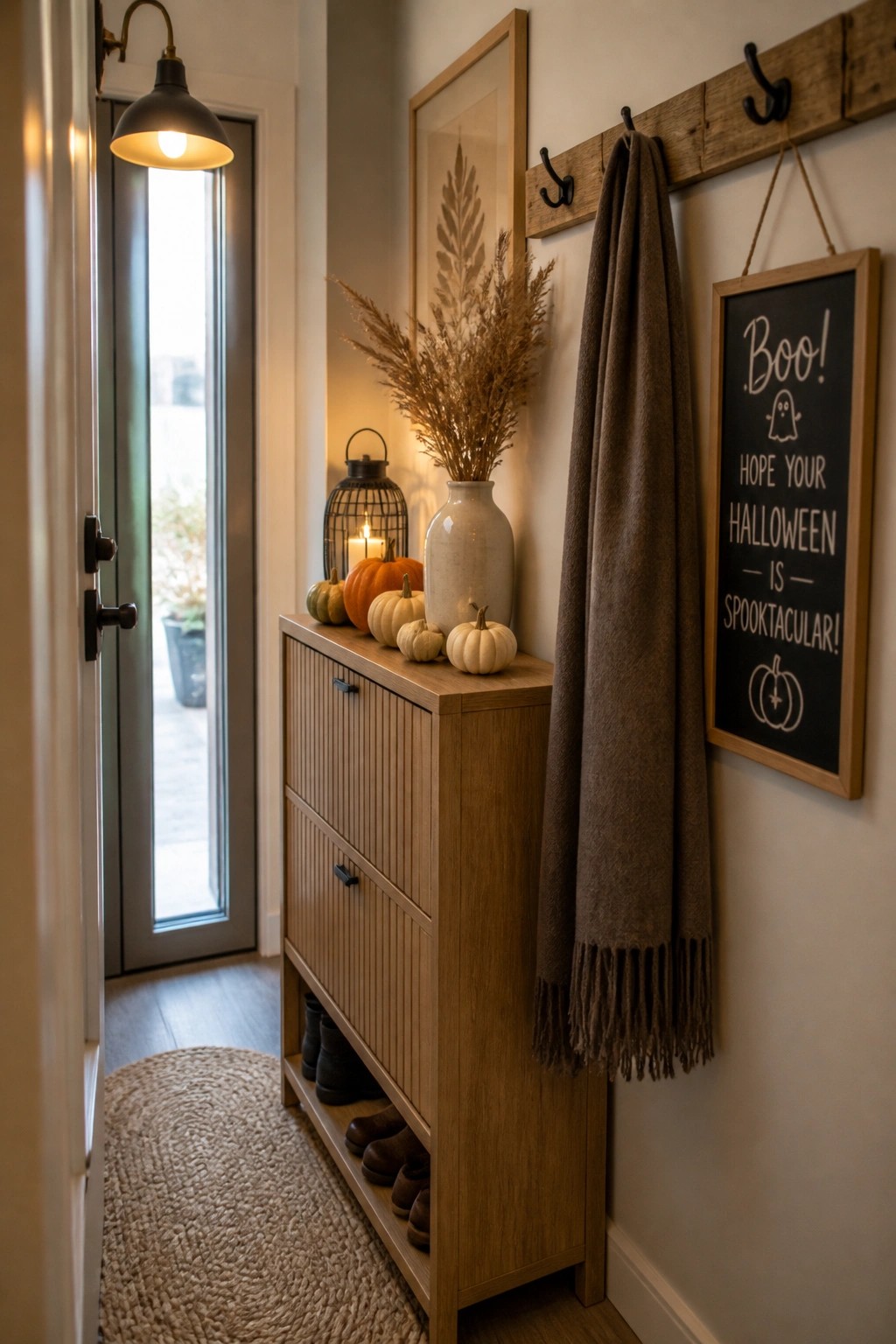 A narrow wooden cabinet topped with small pumpkins and dried plants stands in a small entryway next to a door, with shoes stored on the lower open shelf and a chalkboard sign on the adjacent wall.