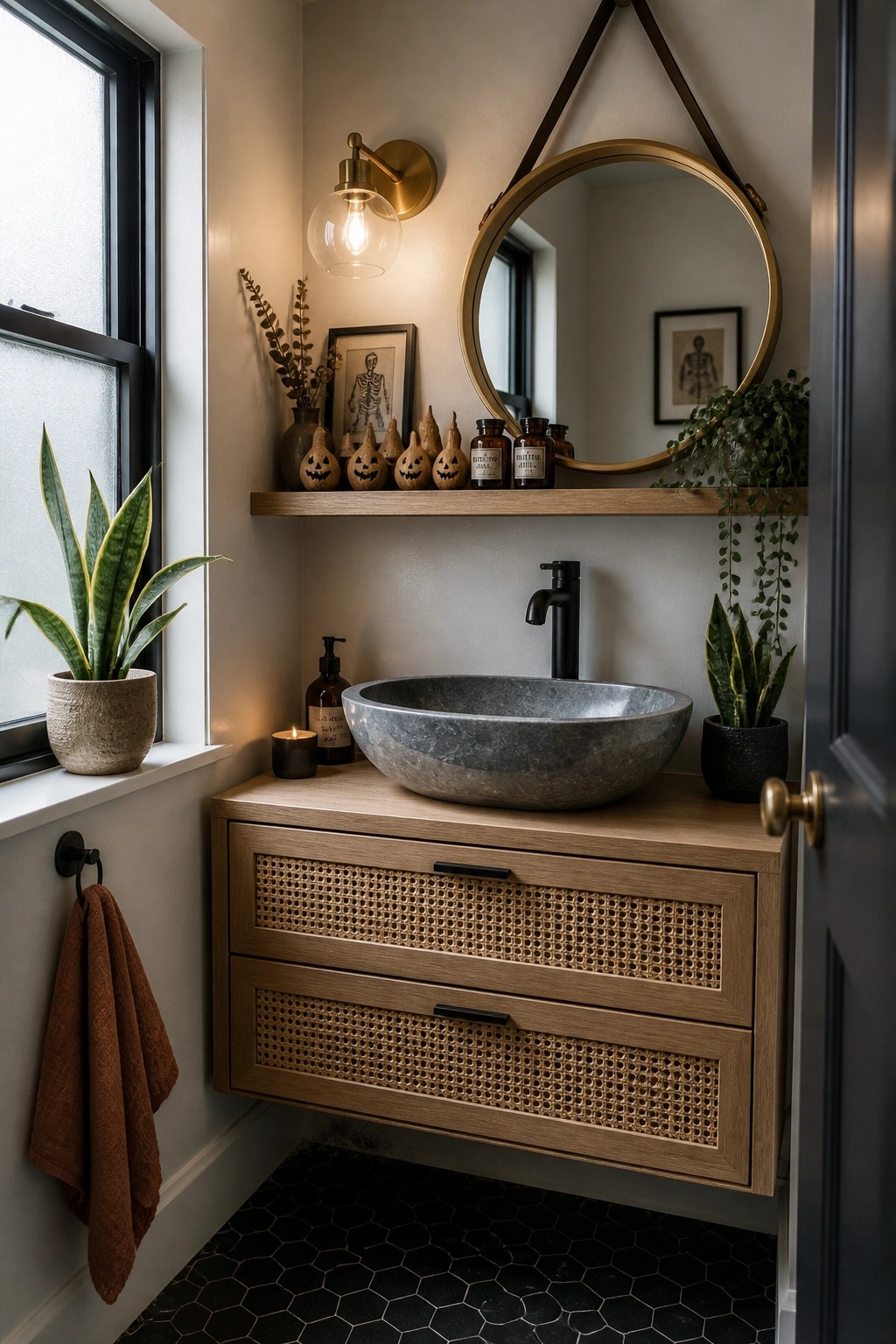 A compact bathroom shows a floating wood vanity with cane drawer fronts, a gray stone vessel sink, black faucet, and a narrow shelf above holding small carved pumpkins and framed prints.