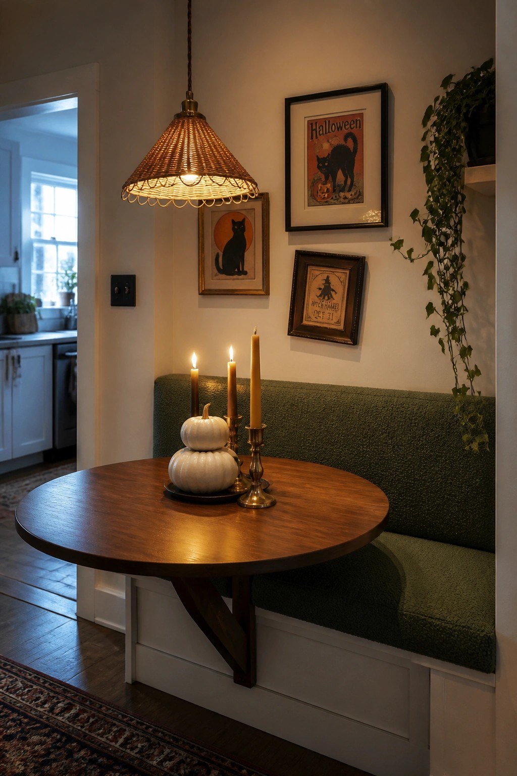Interior corner showing a green upholstered built-in bench, round wooden table with white pumpkins and lit candles, and several framed Halloween prints on the wall.