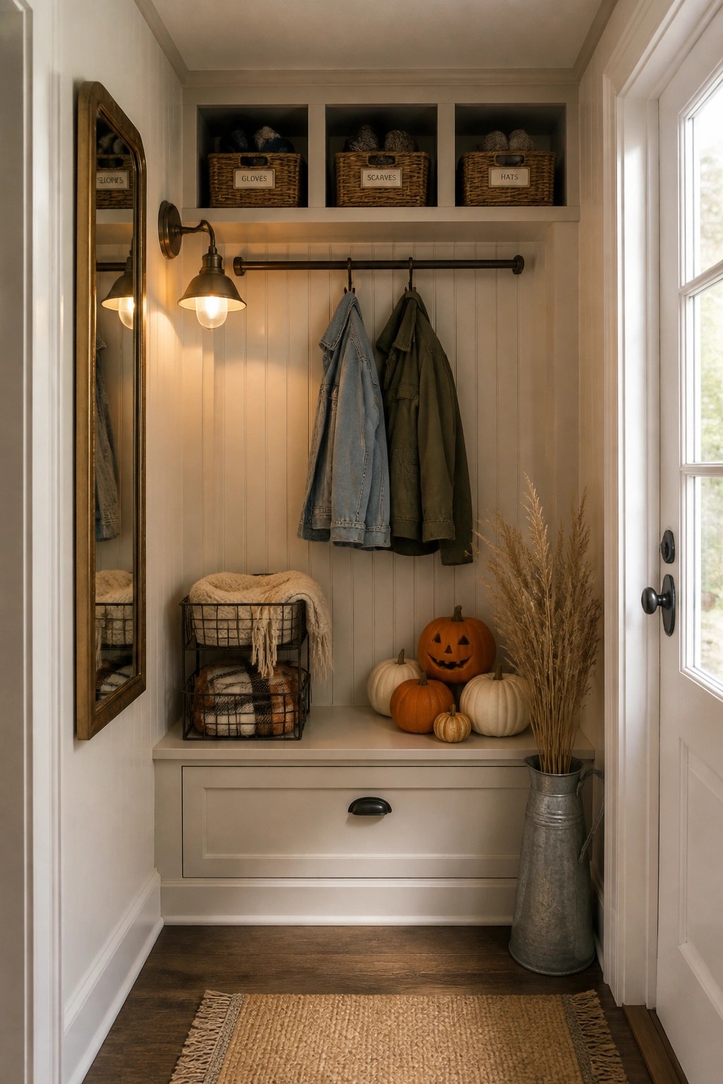 Cozy mudroom with hanging jackets, fall pumpkins, labeled baskets, and woven rug