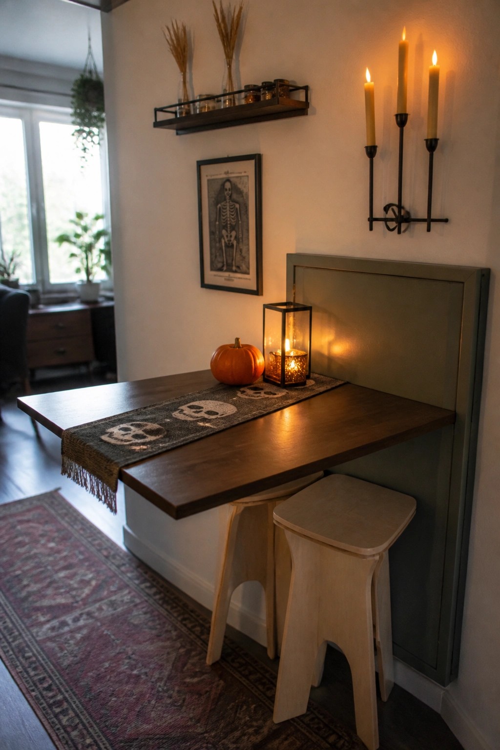 A narrow wooden built-in table with two light wood stools tucked beneath it, decorated with a skull-patterned runner, small pumpkin, and lit lantern in a room with framed skeleton art and wall candles.