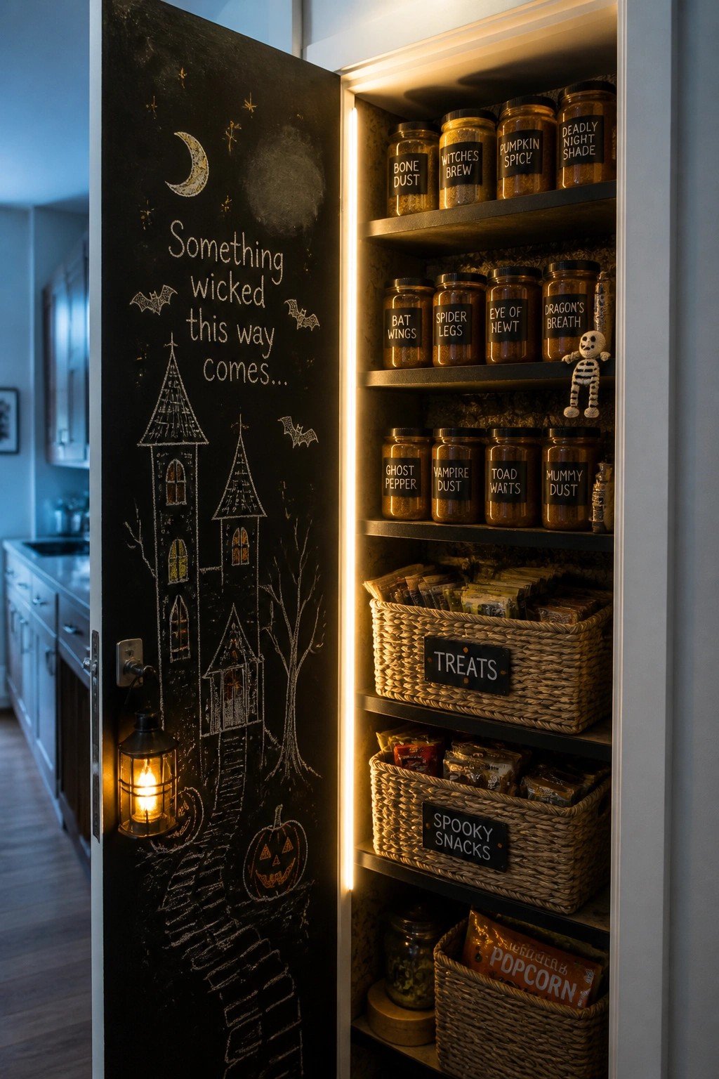 An open tall cabinet with a chalkboard drawing of a haunted house on the inside of the door and shelves holding labeled jars plus wicker baskets of snacks.