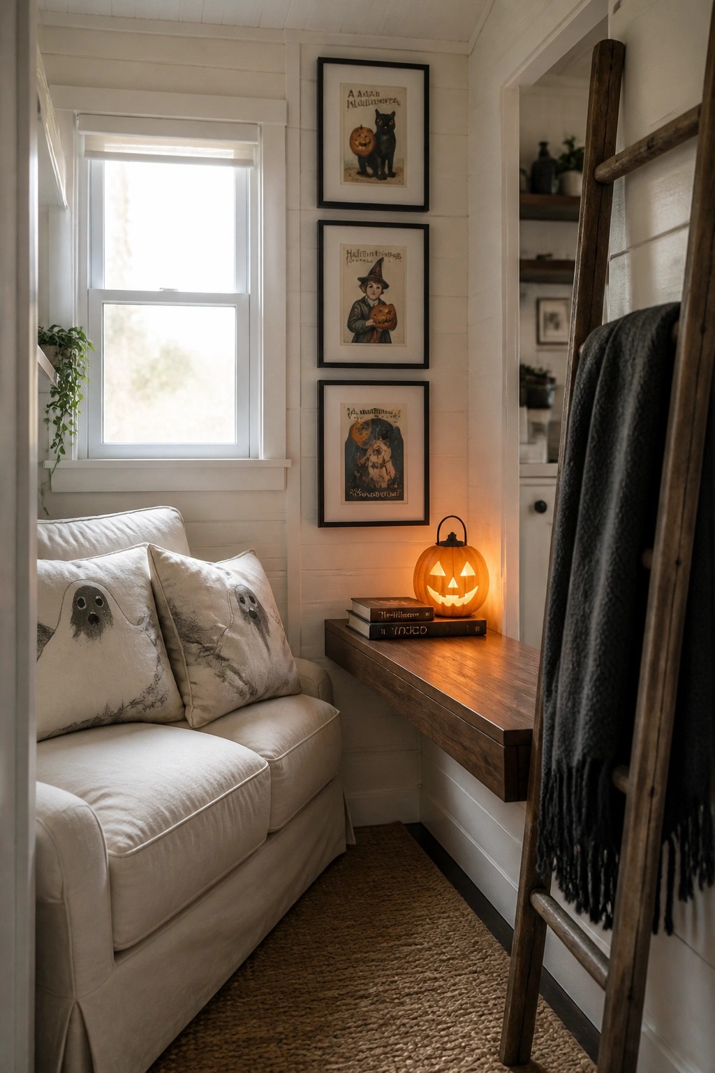 A narrow interior nook with a white sofa, ghost-patterned pillows, a wooden floating shelf holding a glowing jack-o'-lantern and two books, and three framed vintage-style Halloween prints on the wall.