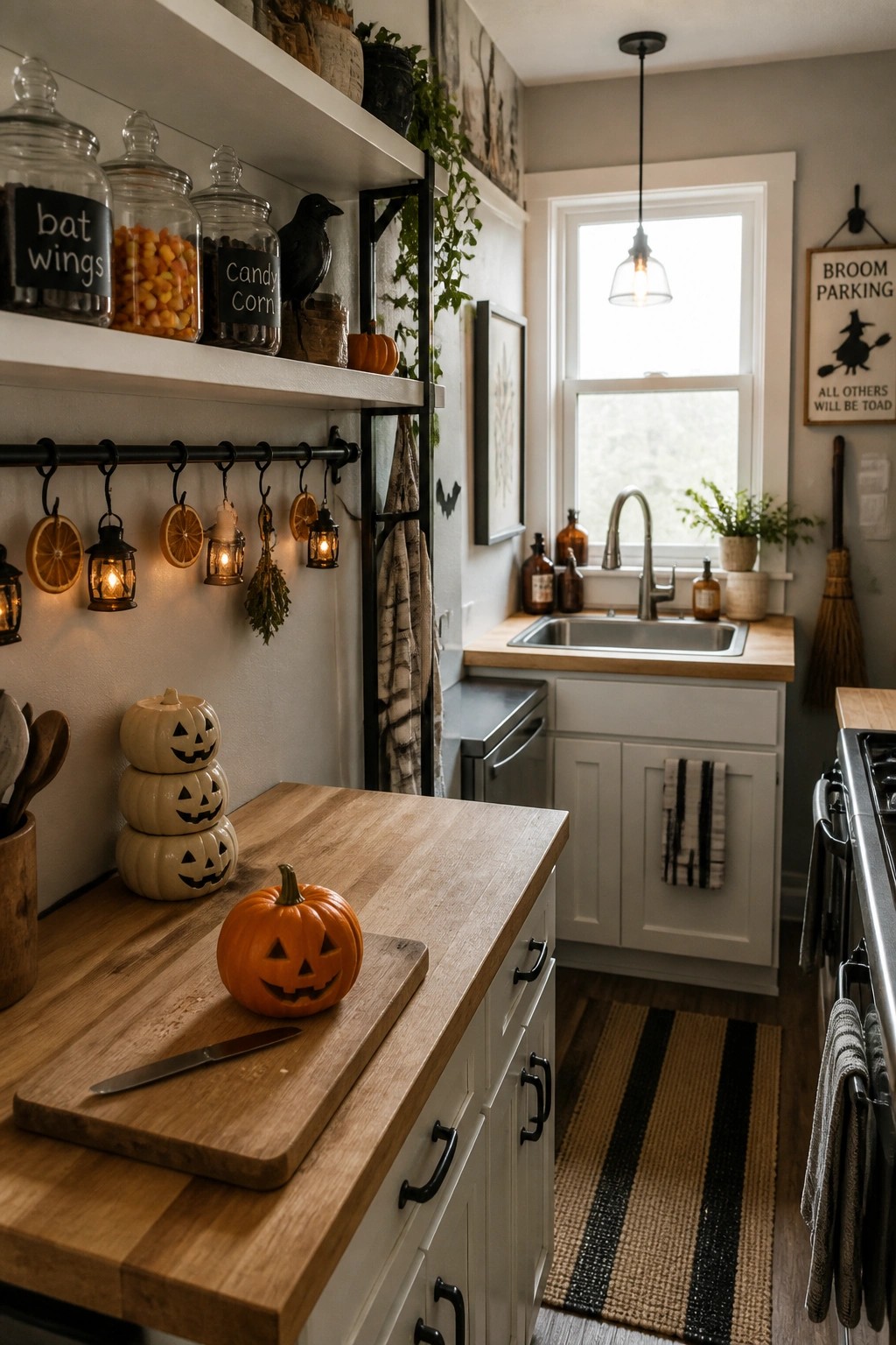 A compact kitchen with white cabinets and wood countertops shows Halloween decorations including stacked ceramic pumpkins, a wall rail holding hanging lanterns and dried orange slices, and open shelves with labeled glass jars.
