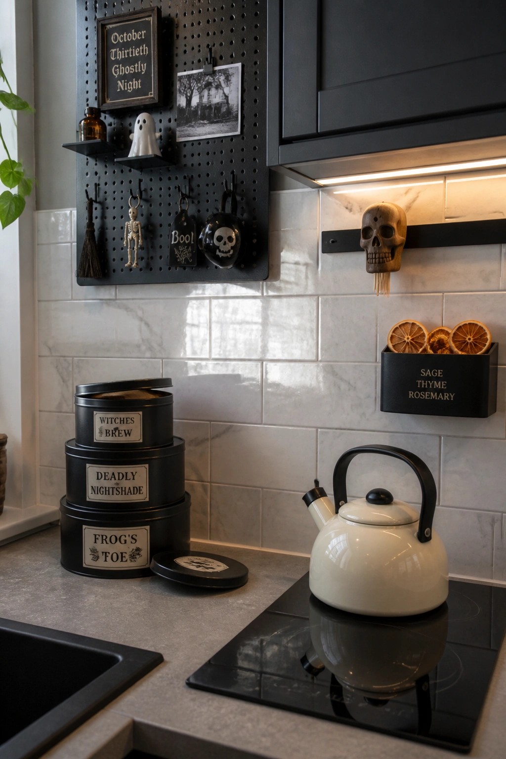 A kitchen interior showing a black pegboard mounted on a marble tile wall, holding small Halloween decorations including a ghost figure and skeleton charm, with stacked black tins and a white kettle visible nearby.