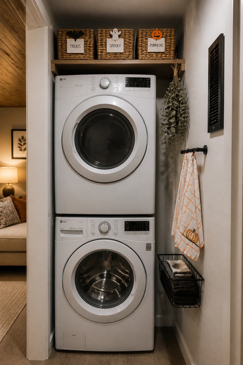 A stacked white LG washer and dryer with three labeled woven baskets on a shelf above and a pumpkin towel hanging nearby.