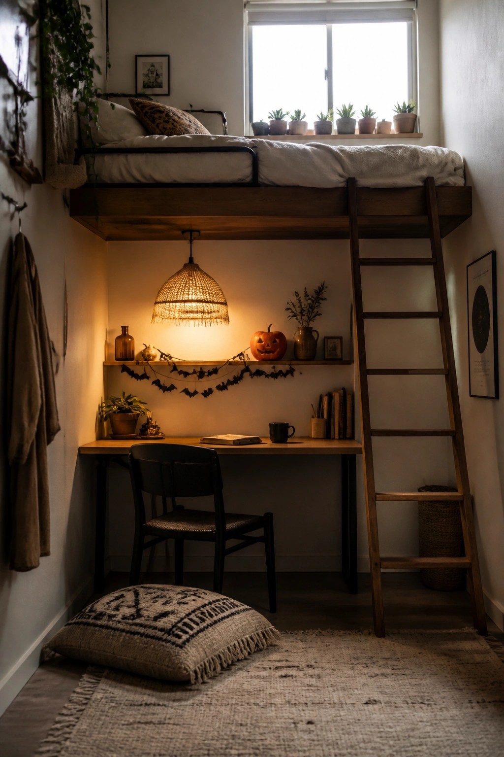 A small room with a wooden loft bed above a desk area, featuring a woven pendant light, a pumpkin on the shelf, bat garland, and a chair on a rug.