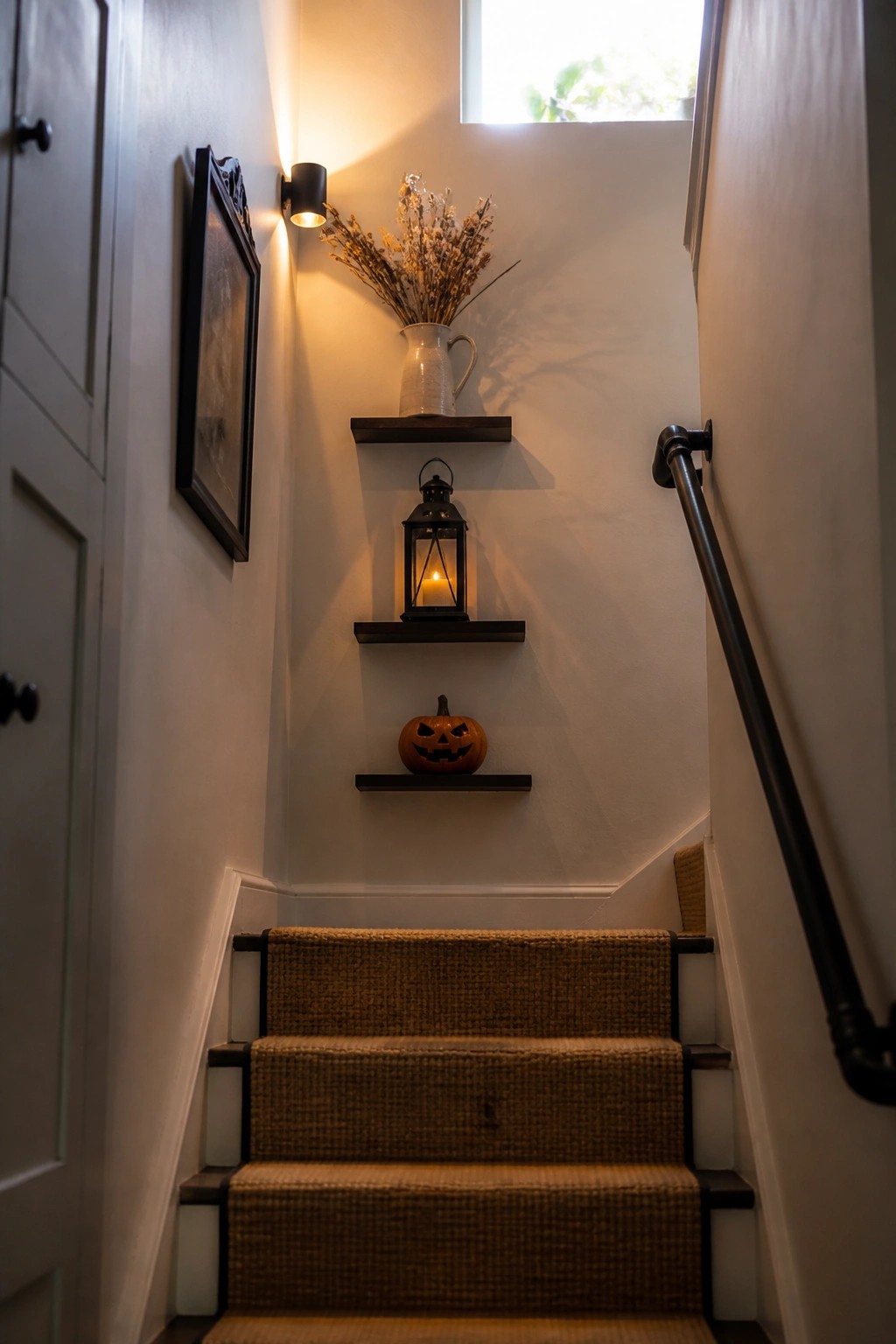 A narrow interior staircase with three dark floating shelves holding a ceramic vase of dried flowers, a lit black lantern, and a small carved pumpkin, next to a black handrail.