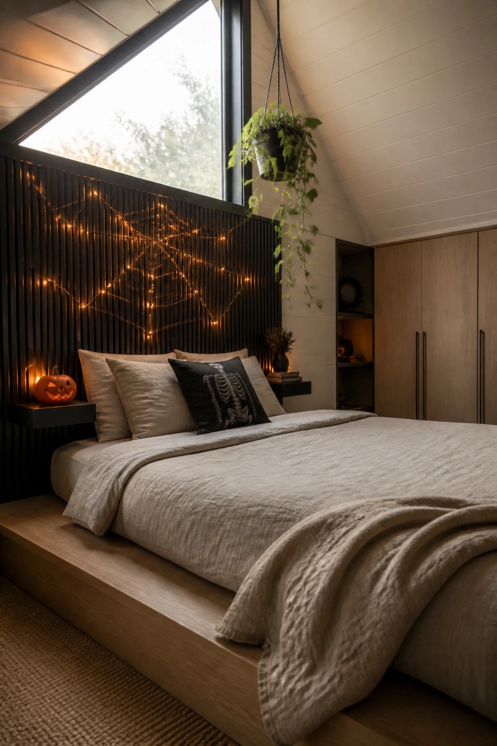 Cozy bedroom with beige linens, skeleton pillow, pumpkin, and glowing spiderweb lights.