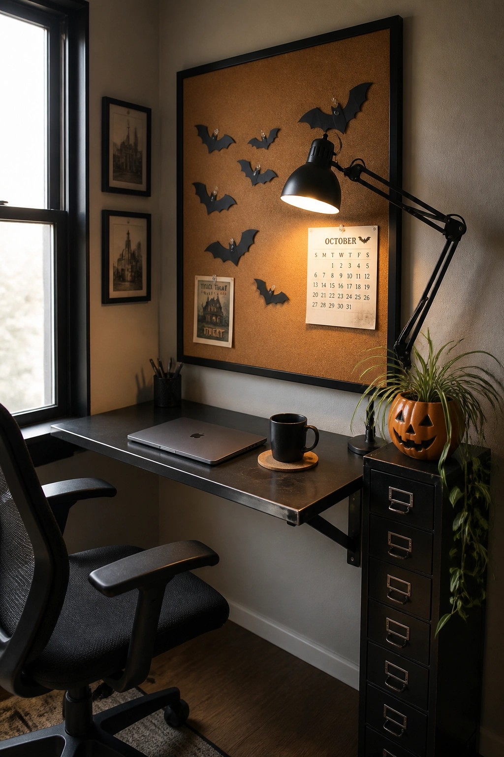 A compact home office desk with a black-framed corkboard on the wall above it, decorated with black bat cutouts and an October calendar, plus a black desk lamp and a small pumpkin planter.