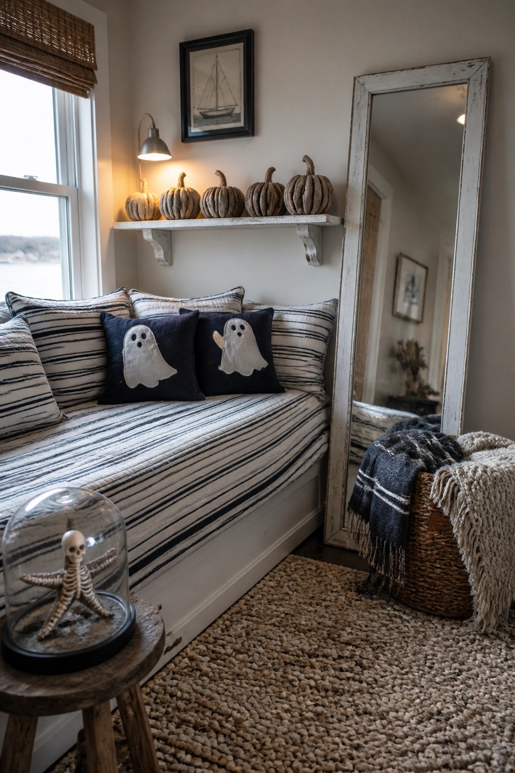 Cozy nook with ghost pillows, fabric pumpkins, skeleton cloche, and rustic mirror.