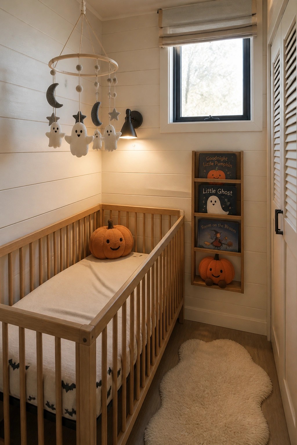 A small nursery with a wooden crib, ghost mobile, wall sconce, and vertical wooden bookshelf holding Halloween books and a pumpkin.