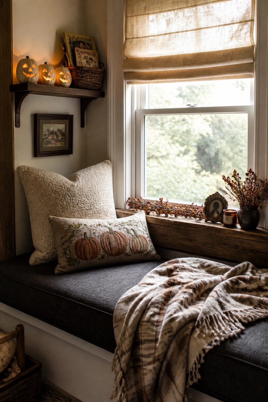 A window nook with a dark cushioned bench, textured white pillows, a plaid throw, a pumpkin-embroidered pillow, and three small lit jack-o'-lanterns on a wooden shelf above.
