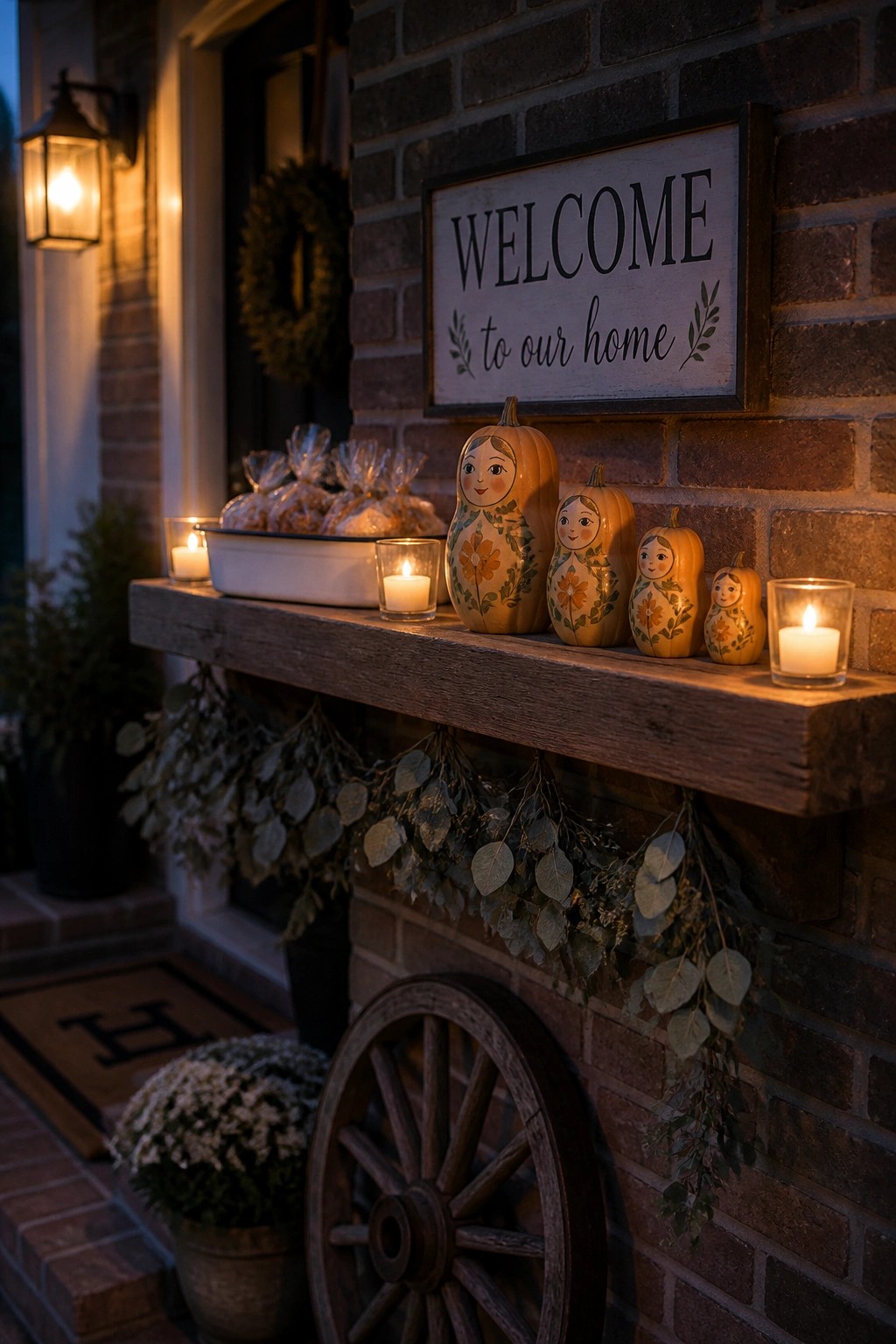 A wooden shelf on a brick house exterior holds painted pumpkins, lit candles, and a welcome sign with greenery hanging below.