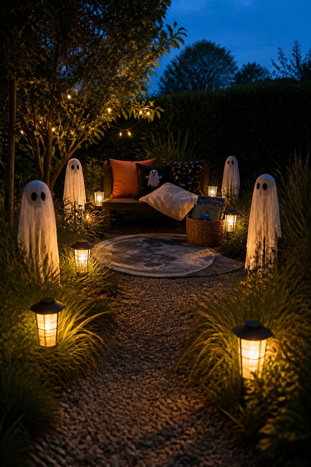 A gravel path lined with glowing lanterns and white sheet ghosts leads to a wooden bench with pillows, a moon-shaped rug, and a basket of books under string lights at dusk.