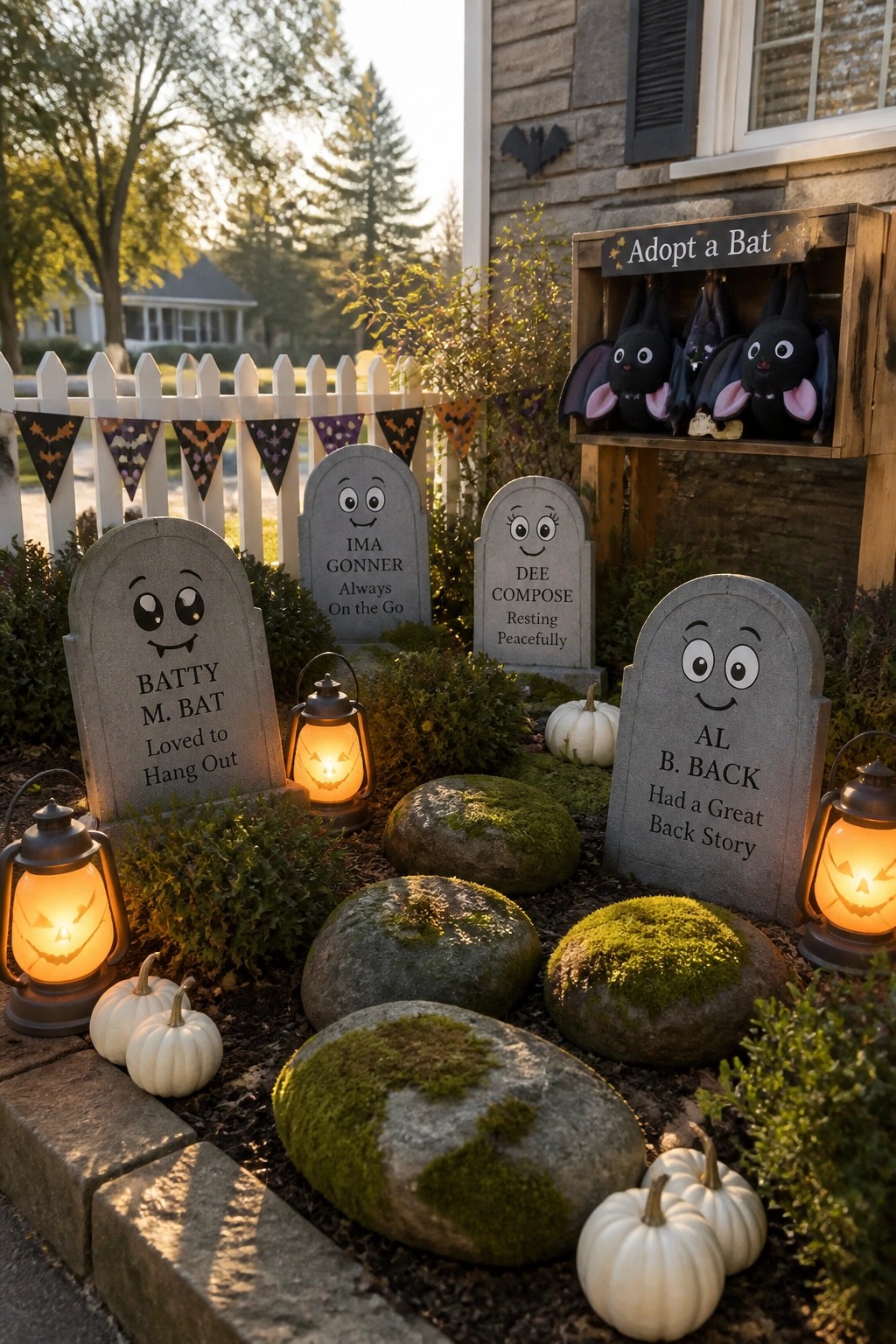 Halloween yard with punny gravestones, glowing lanterns, pumpkins, and adopt-a-bat plush toys.