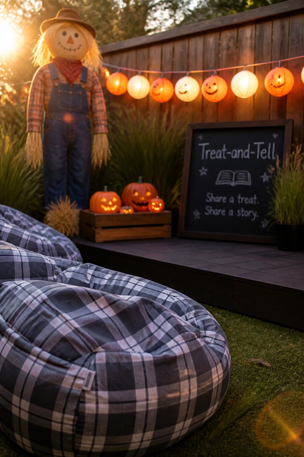 A backyard Halloween scene shows plaid beanbag chairs on grass, a chalkboard sign reading 
