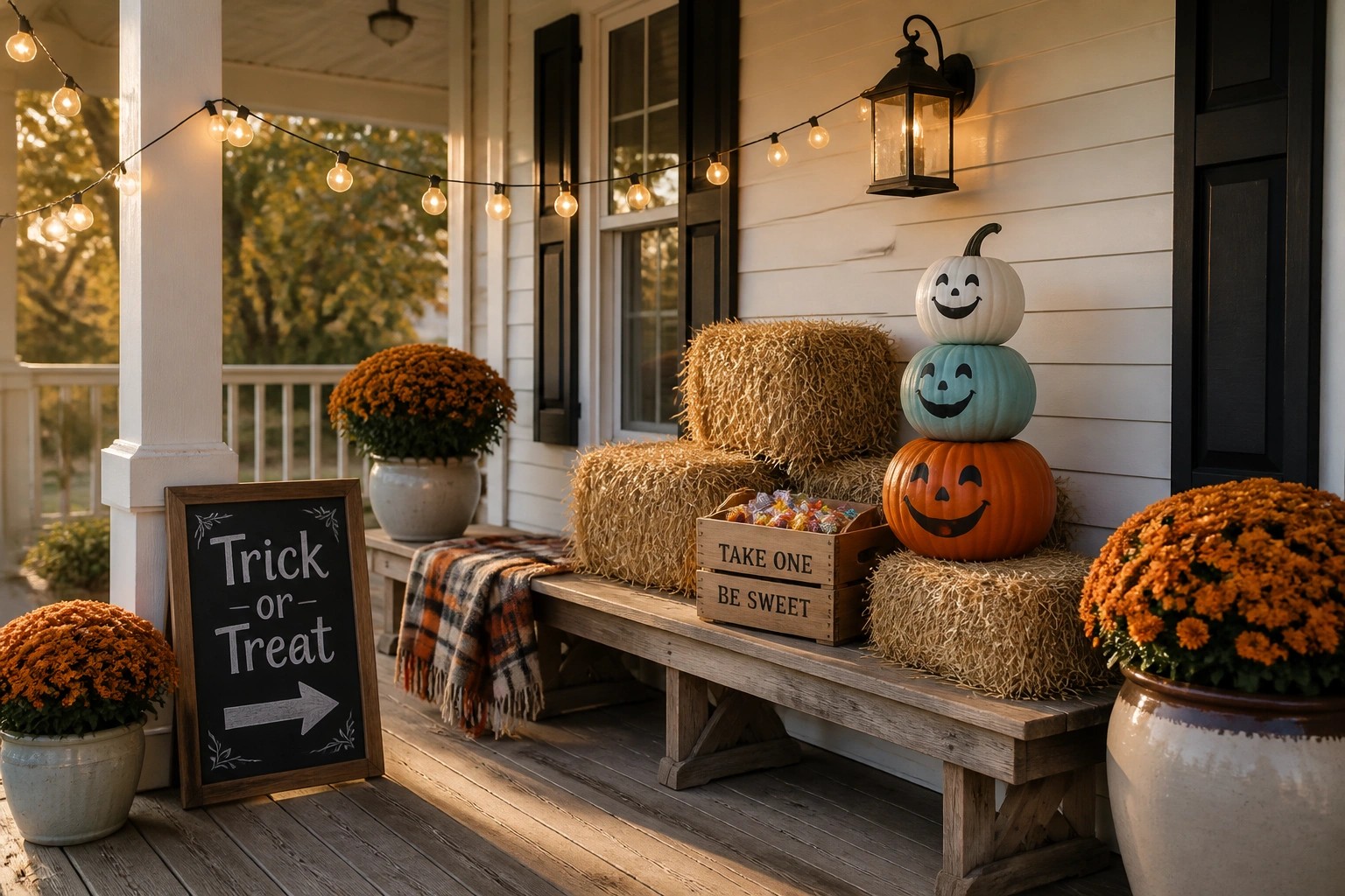 A wooden porch decorated for Halloween with stacked pumpkins on hay bales, orange chrysanthemums, a take-one crate, string lights, and a chalkboard sign reading trick or treat.
