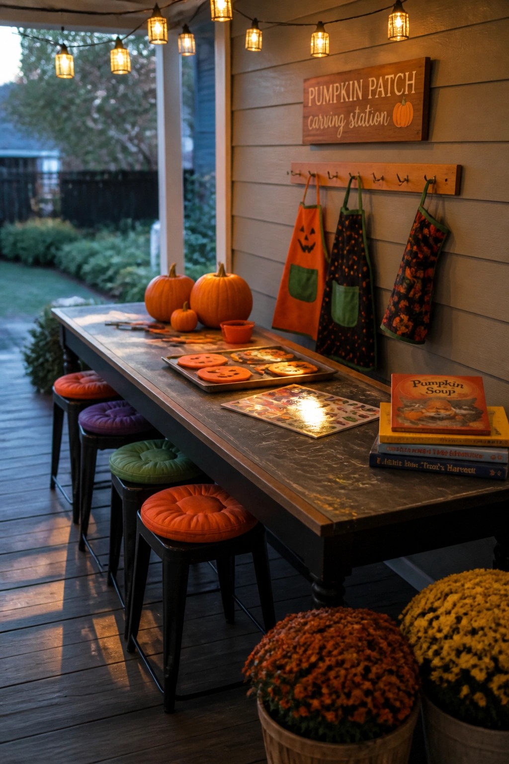 Outdoor pumpkin carving station with table, aprons, colorful stools, and string lights.
