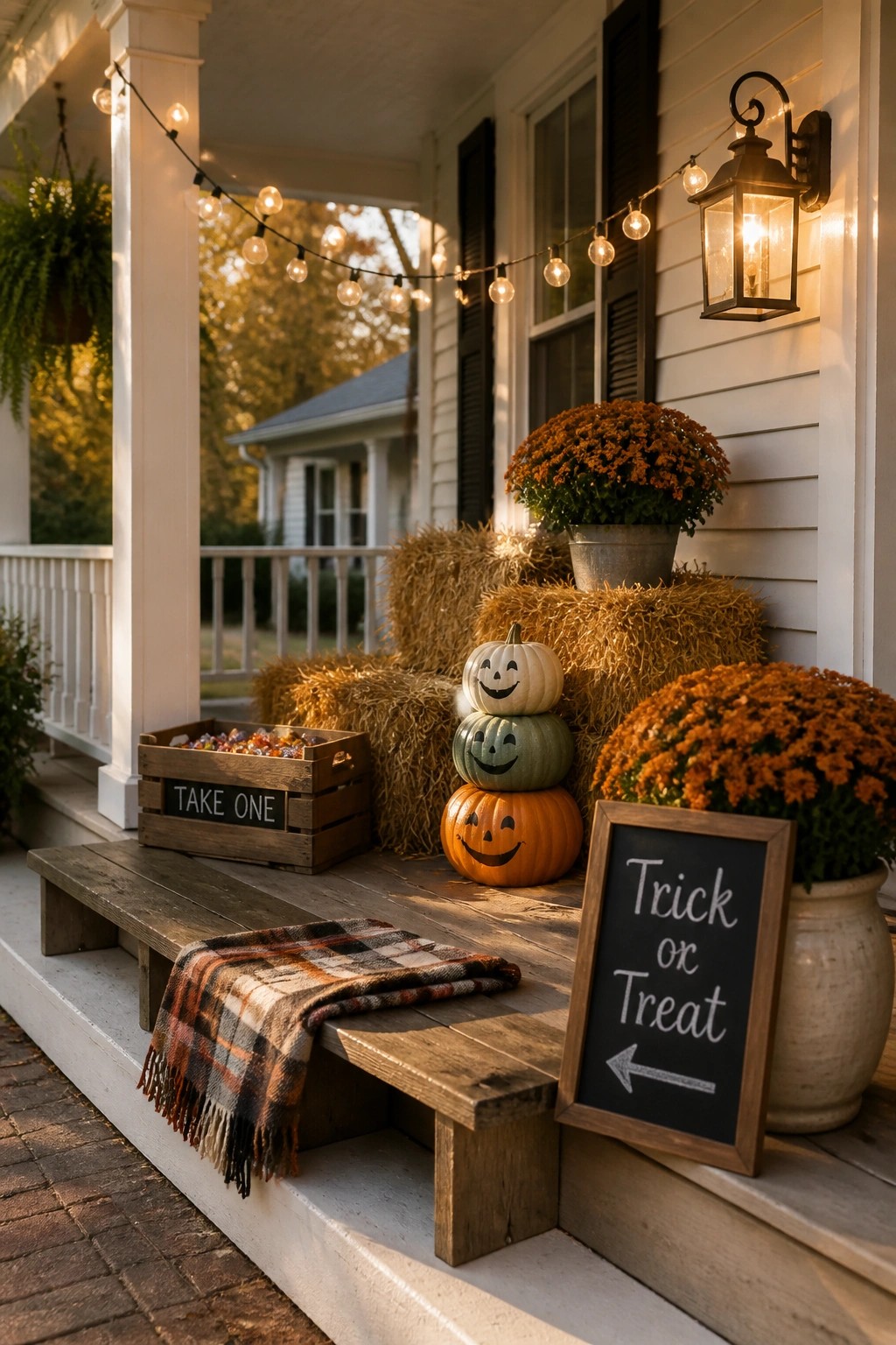A wooden porch decorated for Halloween with stacked pumpkins on hay bales, orange chrysanthemums, a take-one crate, string lights, and a chalkboard sign reading trick or treat.
