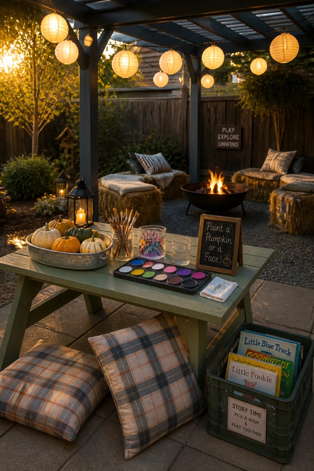 A green picnic table outdoors holds pumpkins in a metal tray, paint palettes, brushes, and a chalkboard sign, with pillows on the ground and a crate of children's books nearby.