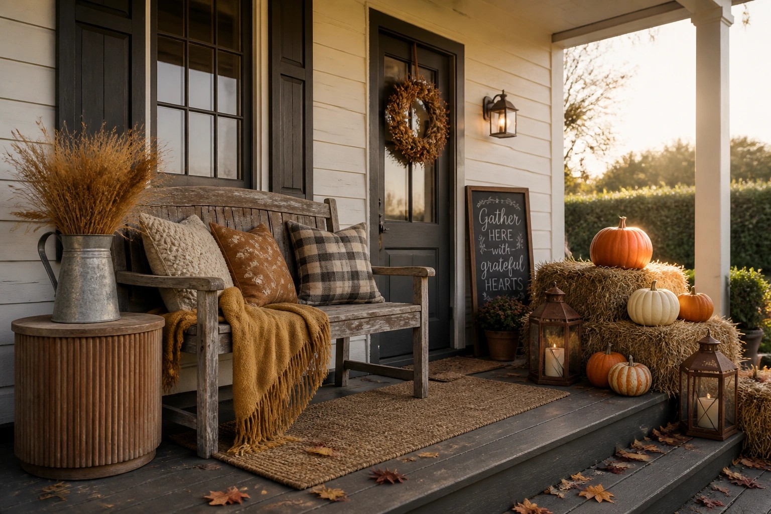 A front porch with a weathered wooden bench holding brown pillows and a mustard throw, next to a side table with dried wheat, and a display of pumpkins on hay bales with lanterns and a chalkboard sign.