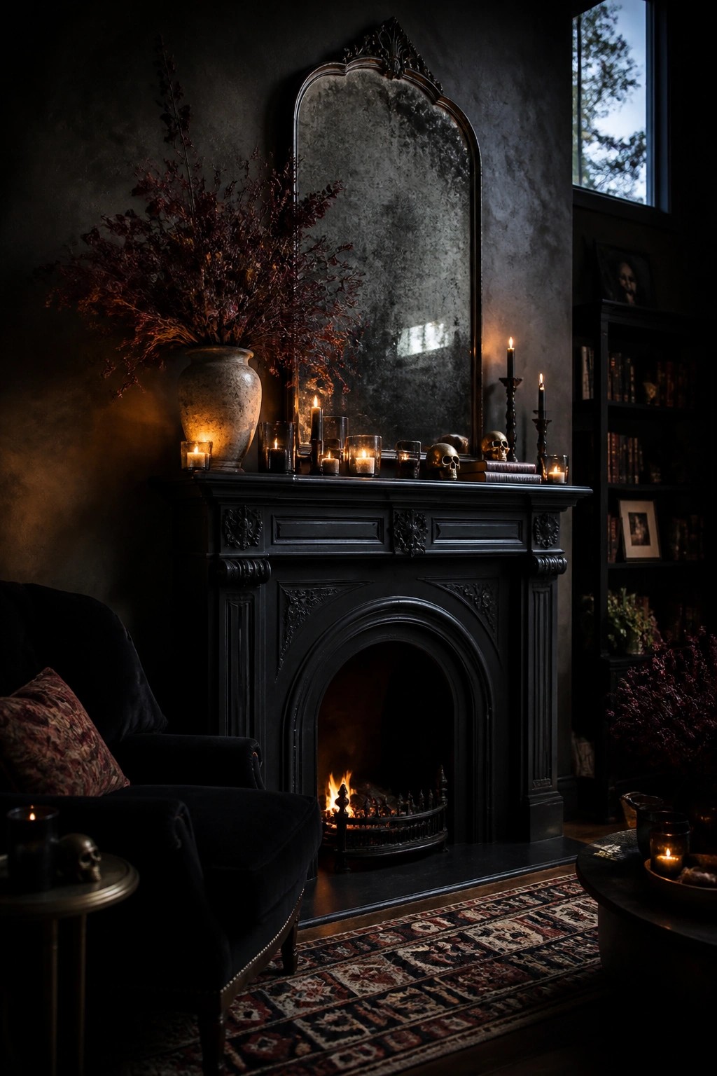 Gothic room with ornate black fireplace, lit candles, skulls, mirror, and velvet chair.