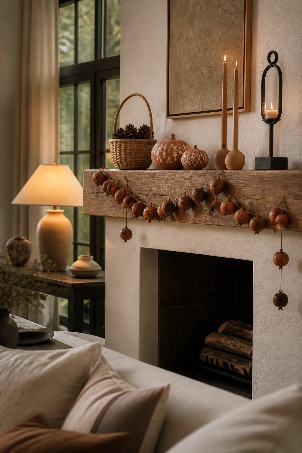 A wooden fireplace mantel in a neutral room holds a garland of small reddish fruits, two small pumpkins, tall taper candles, and a black lantern, with a basket of pinecones nearby.