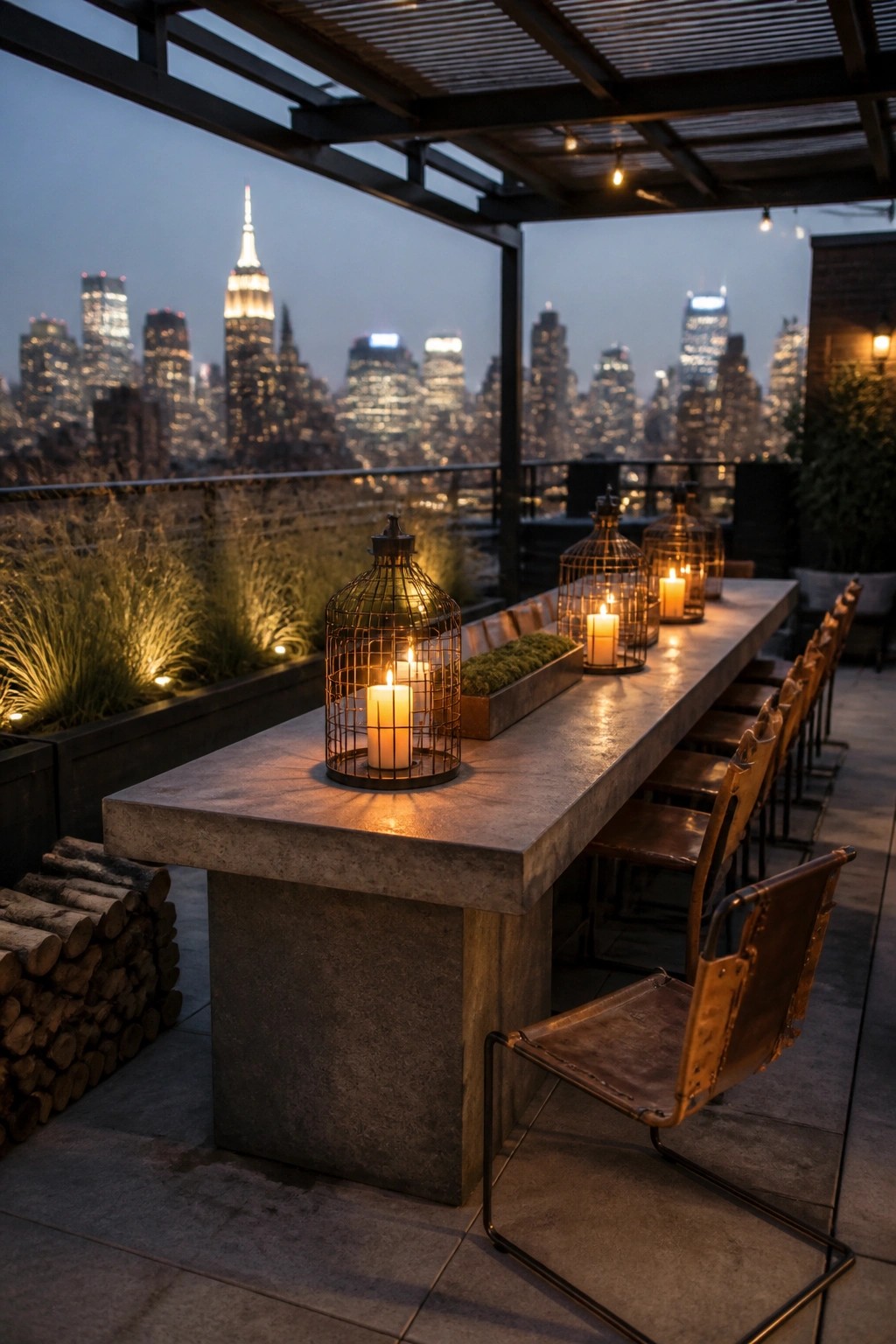 A long concrete table on a rooftop terrace with several large caged lanterns holding lit candles arranged down the center, overlooking a city skyline at dusk.