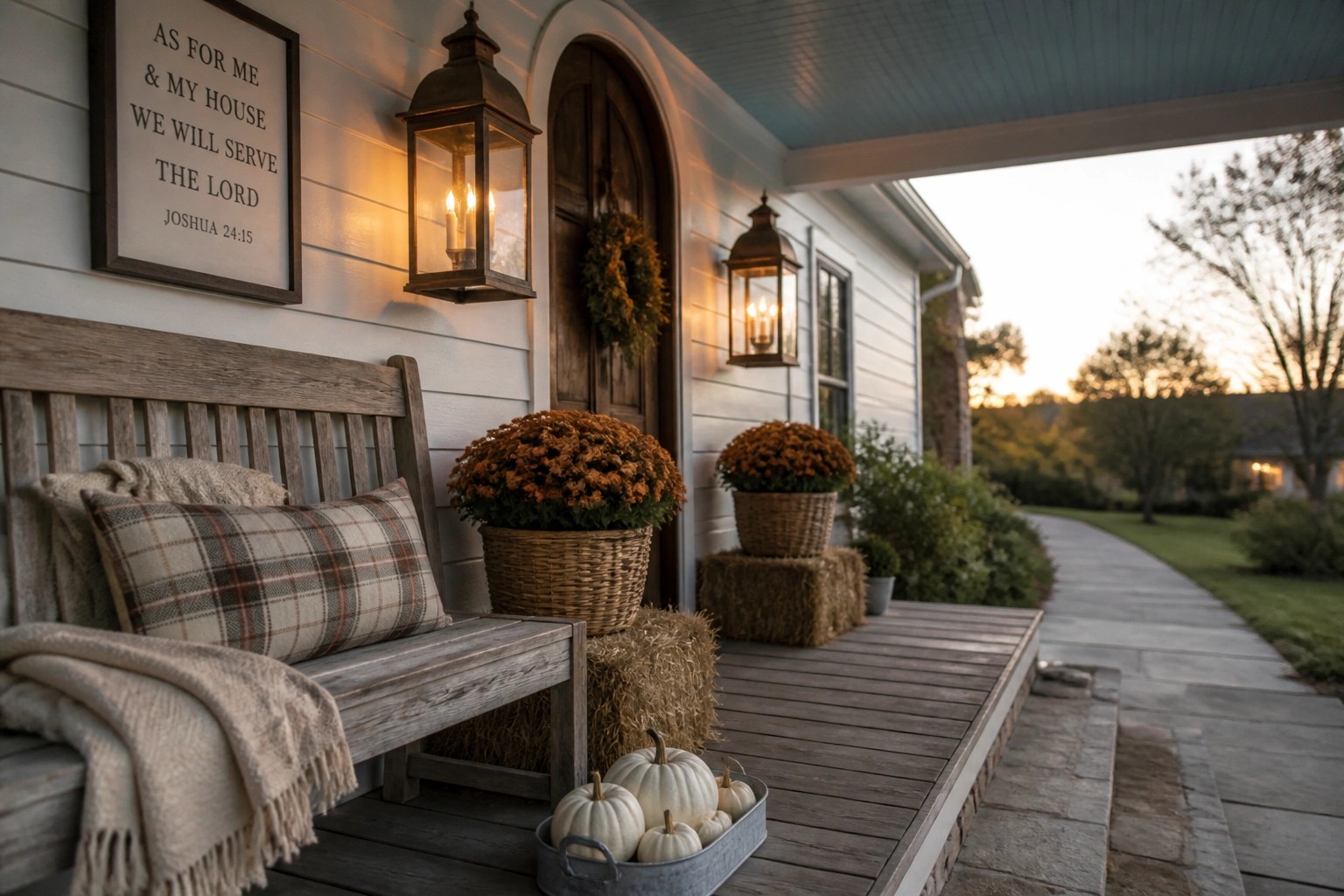A front porch at dusk with wooden bench, hay bales, mums, pumpkins in a metal tray, and two lit lanterns mounted on white siding.