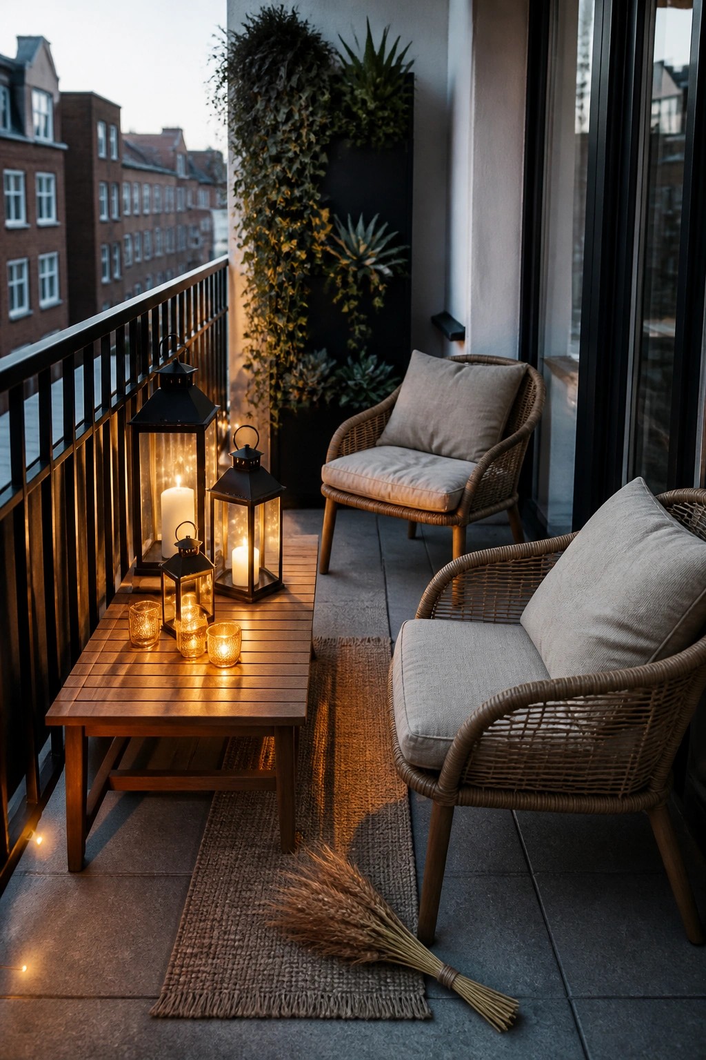 A small balcony with two cushioned wicker chairs, a wooden table holding multiple lit black lanterns and small glass votives, a jute rug, and dried grass stems on gray tile flooring.
