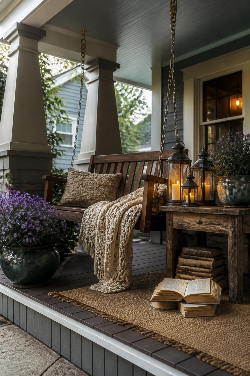 A wooden porch swing with a beige throw, several lit lanterns on a side table, an open book on the floor, and potted purple flowers along the edge.