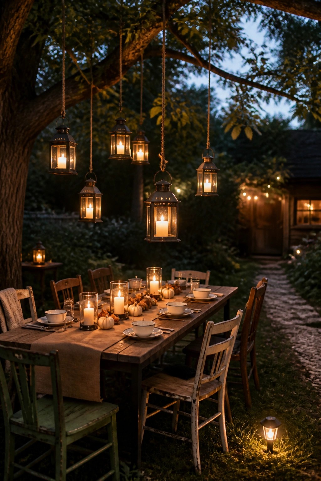 Rustic wooden table with glowing lanterns, candles, and pumpkins under a tree at dusk