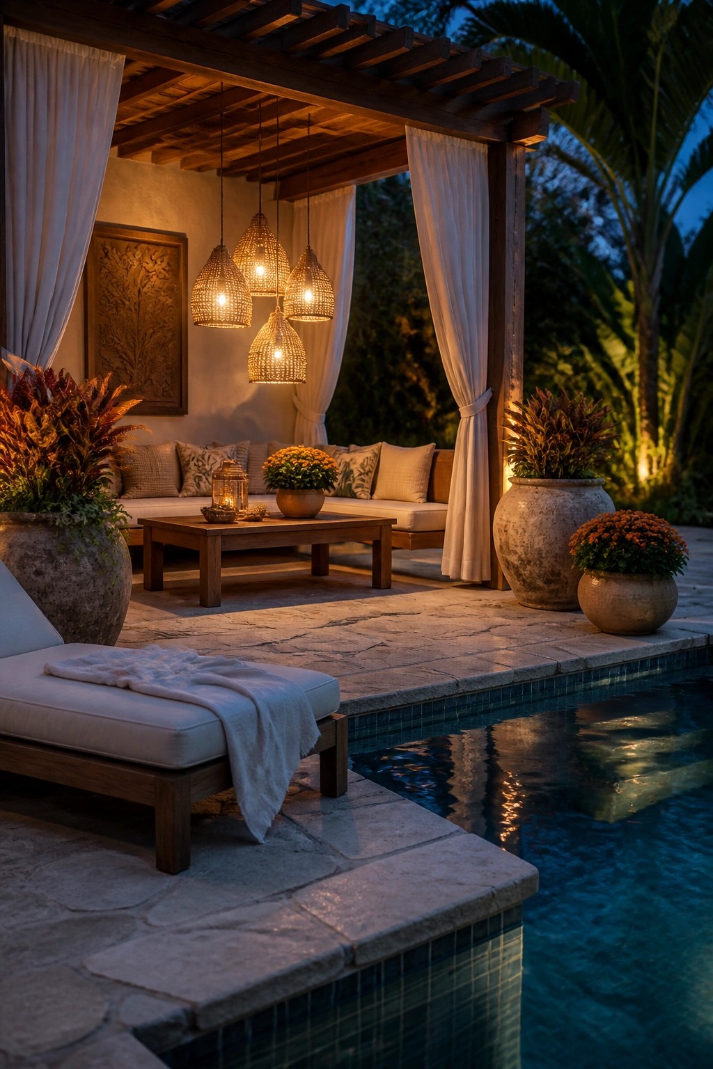An outdoor patio under a wooden pergola with several hanging lanterns glowing above a sofa and coffee table next to a pool.