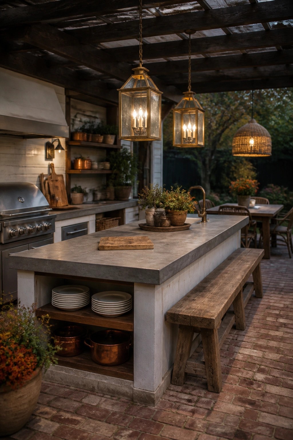 An outdoor kitchen island with a concrete top and open shelving, lit by multiple hanging lanterns on a brick patio at dusk.